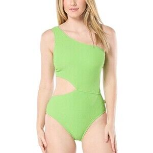 MICHAEL Michael Kors Women's Ribbed One-Shoulder Side-Cutout Swimsuit Green 12